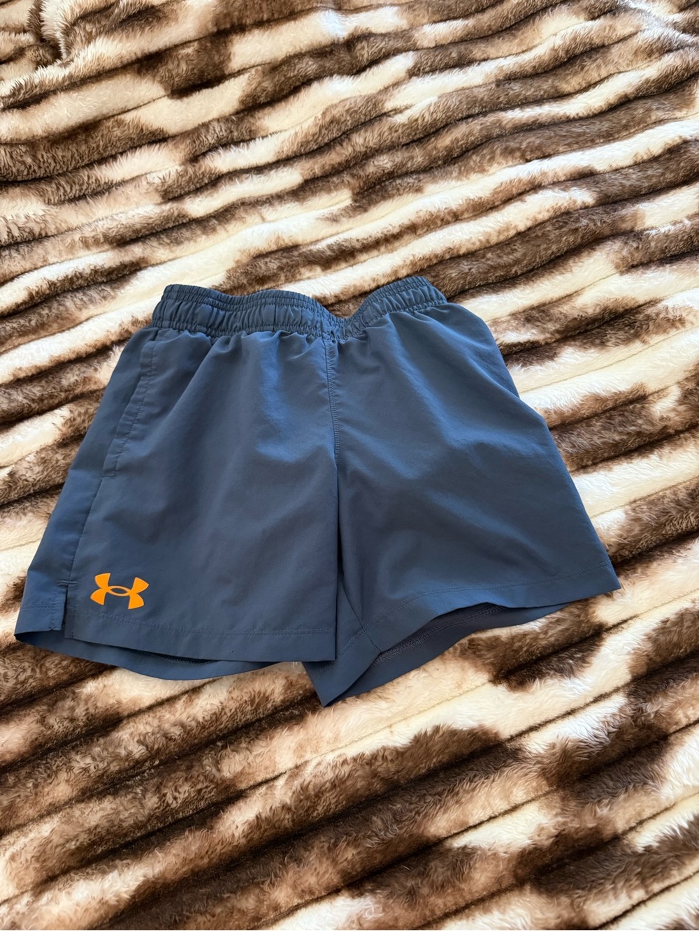 Under Armour Youth Slate Blue Athletic Shorts with Orange Logo